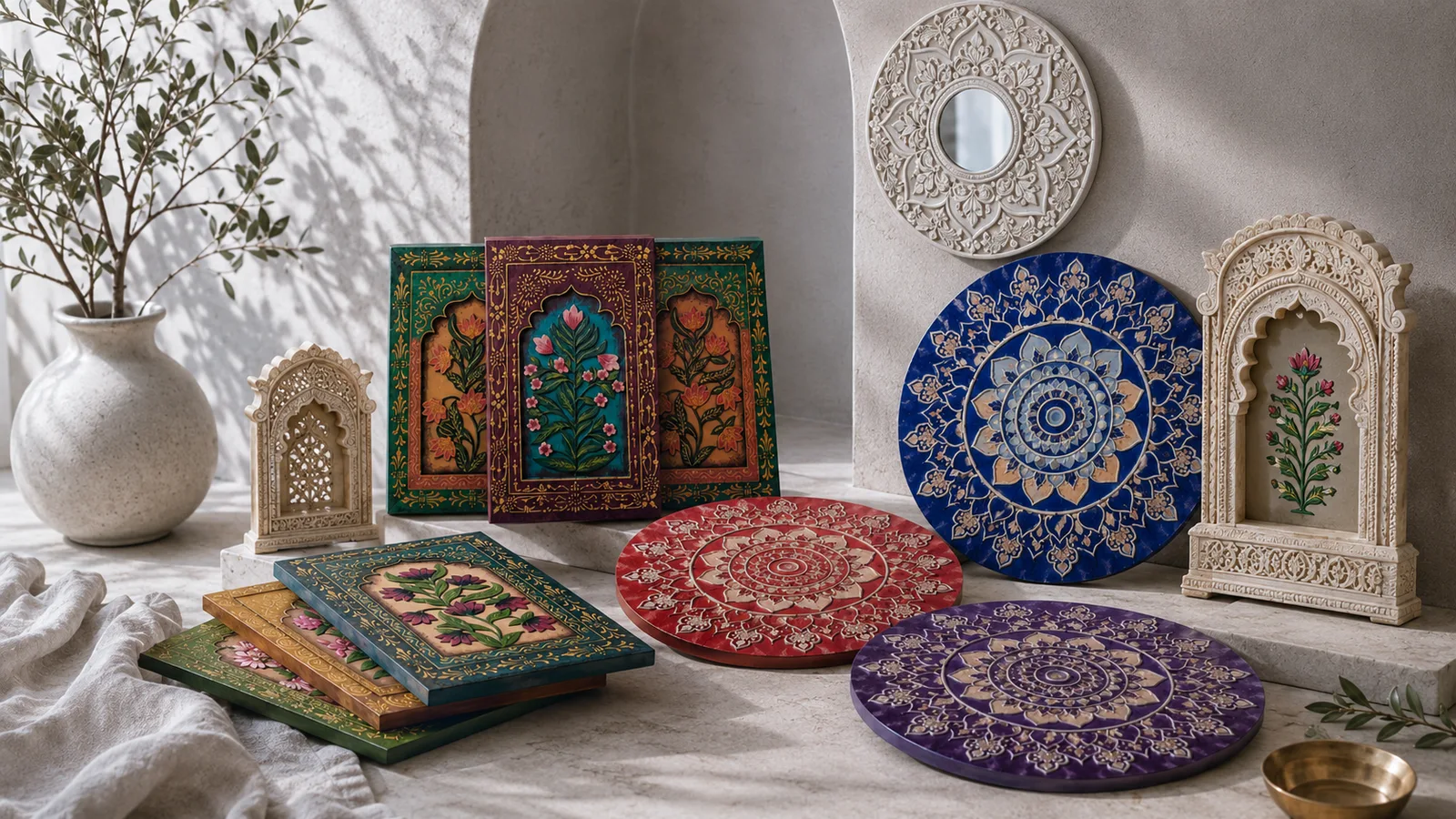 A curated arrangement of handcrafted Lippan mirror-art mandalas and Mughal Jharoka window frames